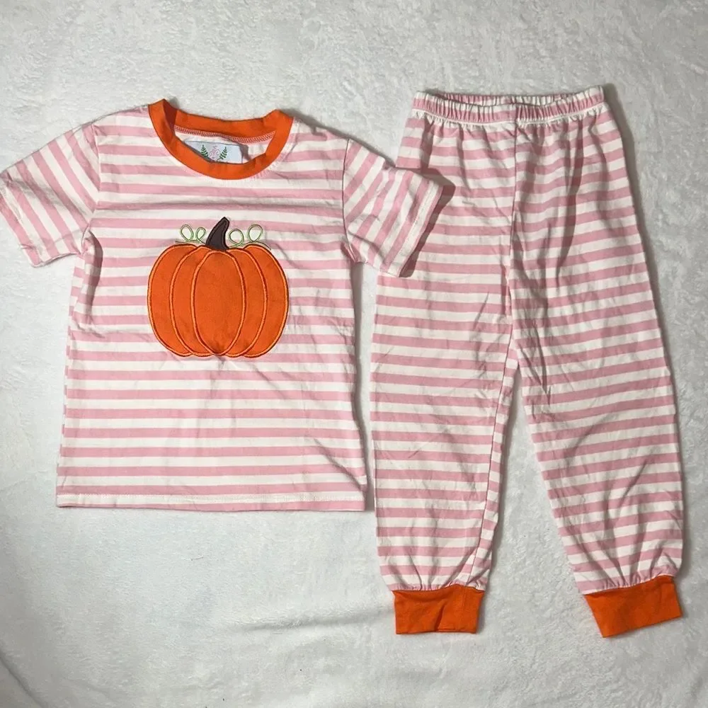 NWOT Harper & Lizzy pink stripe pumpkin appliqué top & pant set 5/6
